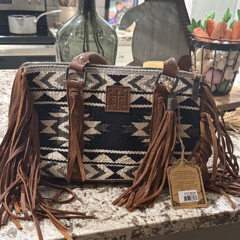 STS Ranchwear Black & Cream Aztec Fringe Tote with Brown Leather